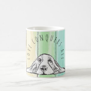 Mug l'amour conquiert tout chien arc-en-ciel basset ho