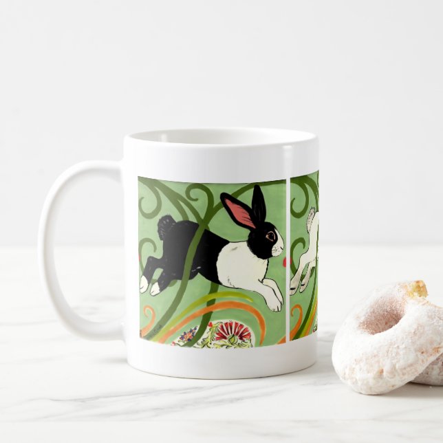 Mug Lapin Art Déco Lapin Néerlandais Gris Blanc Vert (Avec donut)