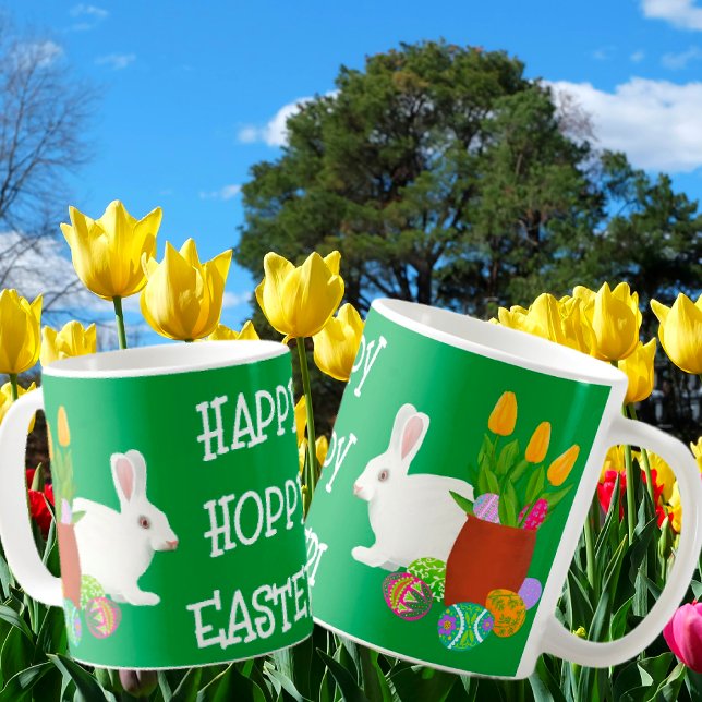 Mug Lapin Blanc Joyeux Pâques Hoppy (So cute for Easter! White bunny, yellow tulips and fancy Easter Eggs!)
