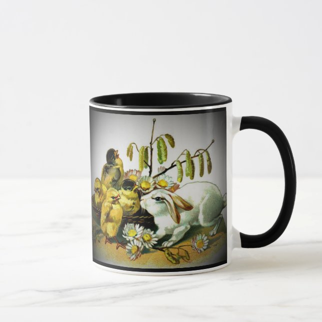 Mug Lapin blanc vintage de Pâques et poussins bébé, ZS (Droite)