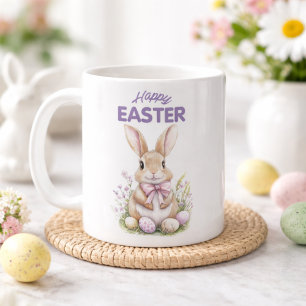 Mug Lapin de Pâques à l'aquarelle Fleurs violettes Joy