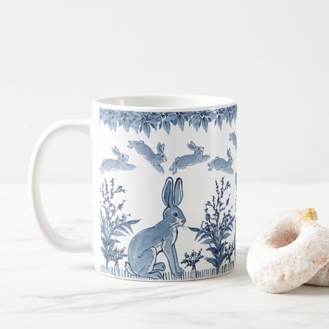 Mug Lapin de Pâques Bleu Blanc Lapin Amusant Motif Del (Avec donut)