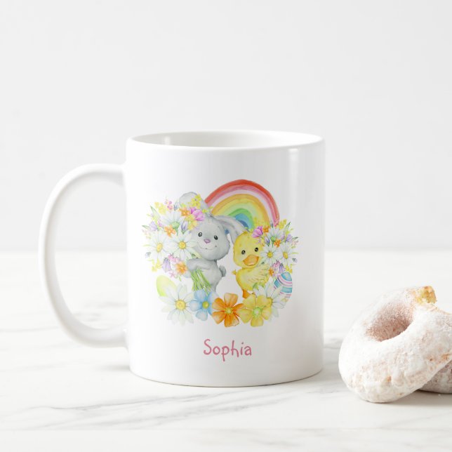 Mug Lapin de Pâques en arc-en-ciel et poussin (Avec donut)