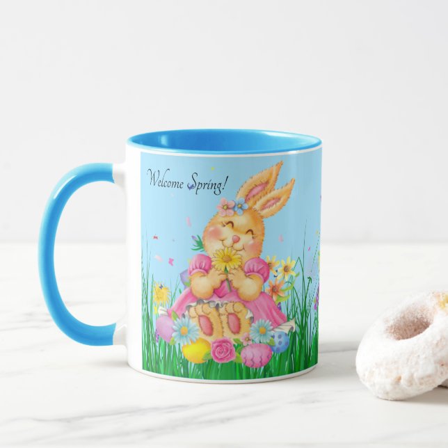 Mug Lapin de Pâques en rose Printemps Fleurs temps Cad (Avec donut)