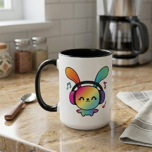 Mug Lapin joyeux avec casque audio écoutant de la musi