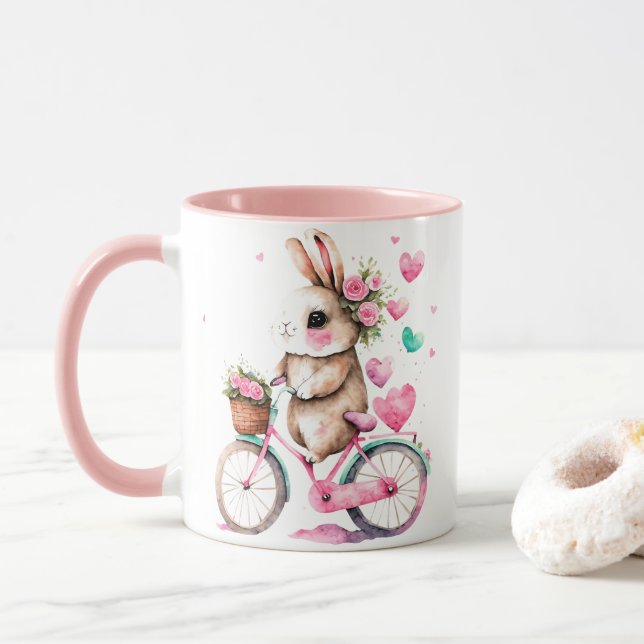 Mug Lapin joyeux et romantique lapin sur vélo (Avec donut)