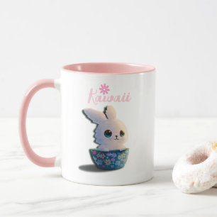 Mug lapin kawaii dans un bol décoré de fleurs