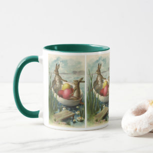 Mug Lapins de Pâques vintage dans un bateau avec des œ