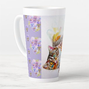 Mug Latte Chat Tabby Violet Peint à la Main