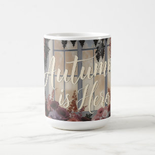 Mug L'automne est là, typographie florale de fenêtre