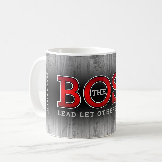 Mug Le BOSS Dirige Les Autres Suivent sur Bois Rustiqu (Devant gauche)