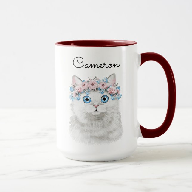Mug Le chat floral blanc doux | ajoutent votre nom (Droite)