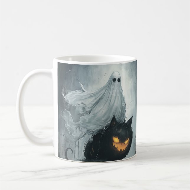 Mug Le fantôme d'Halloween à cheval sur un chat noir (Gauche)