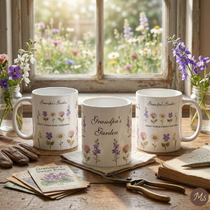 Mug Le jardin fleuri de grand-père avec 5 noms et fleu