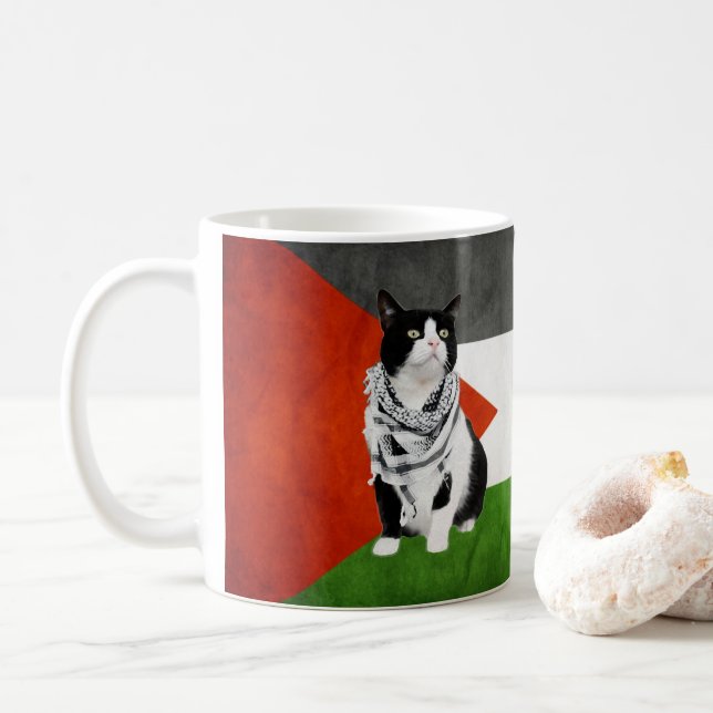 Mug Le Palestinien Kufiya porte un chat avec le drapea (Avec donut)