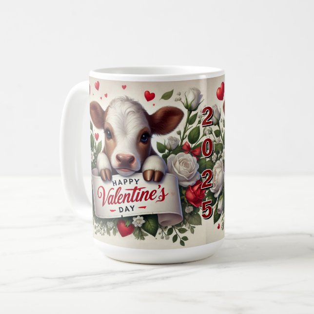 Mug Le veau de Saint Valentin avec arrangement floral (Devant gauche)