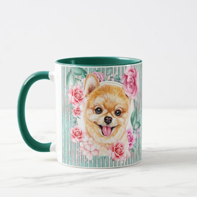 Mug Le visage de chien de Poméranie illustre le rose m (Gauche)