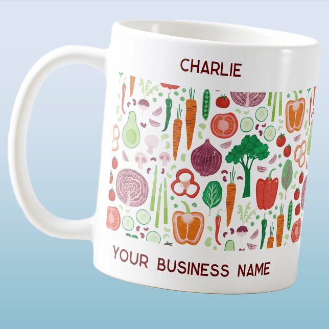 Mug Légumes Petites entreprises Promotion (Small business custom text mug featuring vegetables for gardener, chef, restaurant, grocer and more)