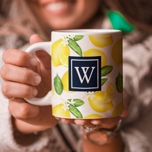 Mug Lemon Citrus Pattern Navy Monogram