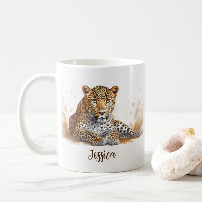Mug Leopard Portrait Safari Animal Nom Personnalisé (Avec donut)