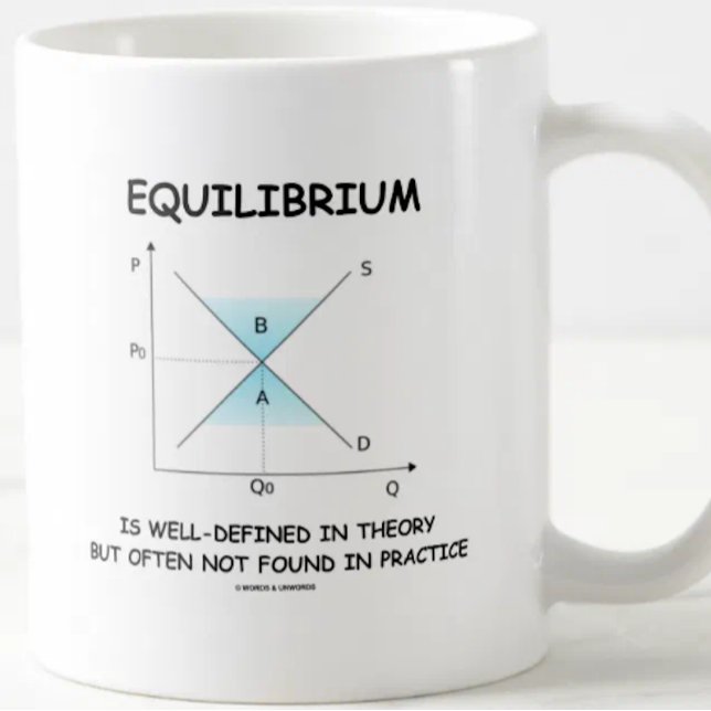 Mug L'équilibre est bien défini dans la théorie pas (Econ attitude is alive and well on this supply-and-demand curve mug featuring equilibrium humor!)
