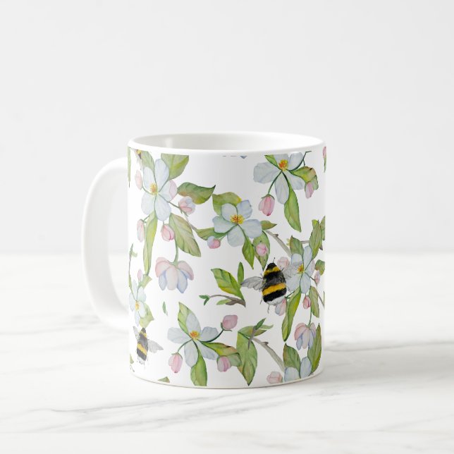 Mug Les fleurs du jardin de printemps et les bourdons (Devant gauche)
