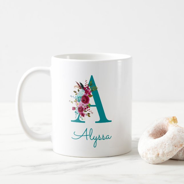 Mug Lettre A Floral rose Turquoise (Avec donut)