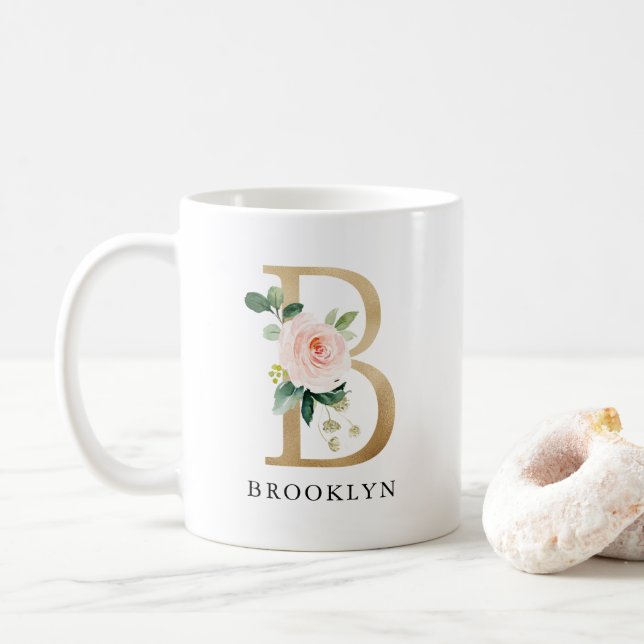 Mug LETTRE B MONOGRAPHIQUE BLANCHE PLEIN Floral & Or (Avec donut)