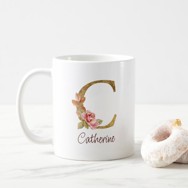 MUG LETTRE C D'HUILE D'OR ROUGE ROSE BLANCHE (Avec donut)