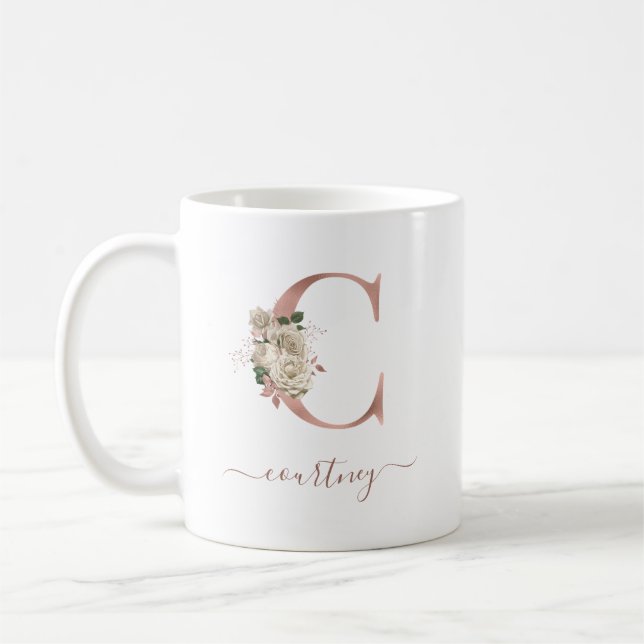 Mug Lettre "C" Monogramme en Or Rose et Ivoire Floral (Gauche)