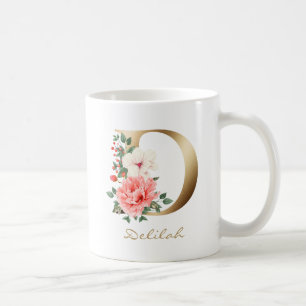 Mug Lettre D Monogramme or   Rose Blanc Vert Floral