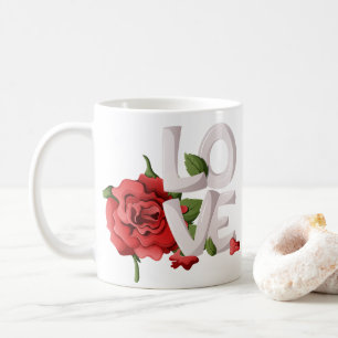 Mug Lettre d'amour en gras avec feuillage de rose roug