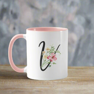 Mug Lettre de script "V" des fleurs botaniques moderne
