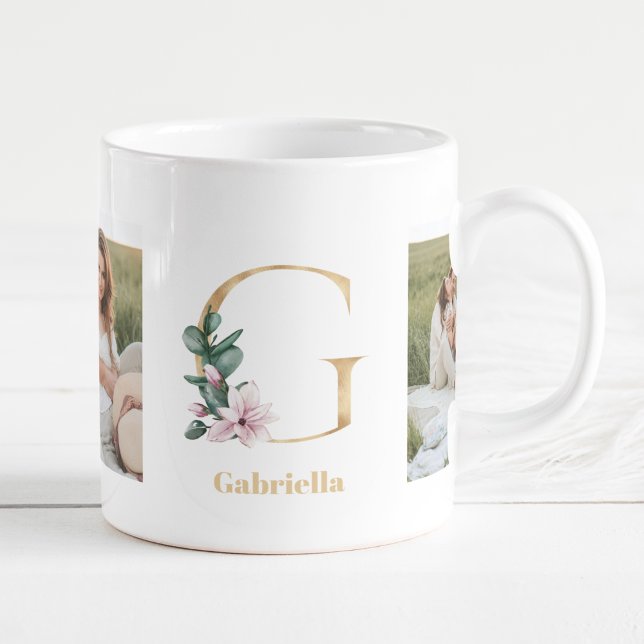 Mug Lettre d'or moderne G Flower | Deux monogrammes ph (Créateur téléchargé)