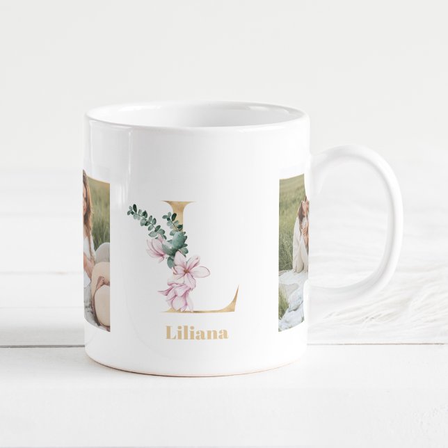 Mug Lettre d'or moderne L Flower | Deux monogrammes ph (Créateur téléchargé)