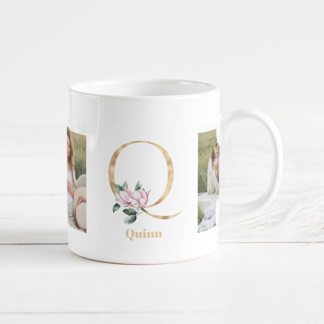 Mug Lettre d'or moderne Q Fleur | Deux monogrammes pho (Créateur téléchargé)