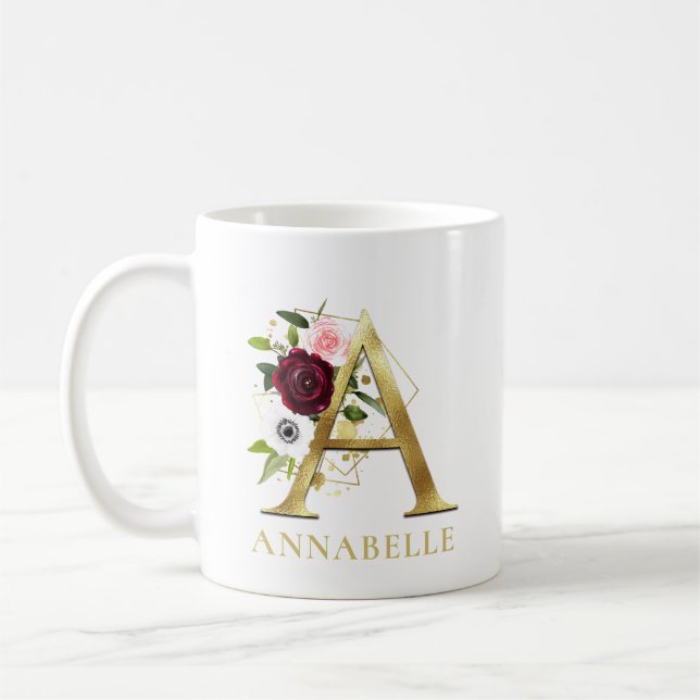 Mug Lettre d'or Monogramme A | Floral rose Bourgogne N (Gauche)