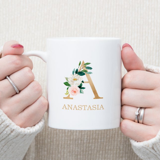 Mug Lettre d'or Monogramme A | Vert rose floral (Créateur téléchargé)