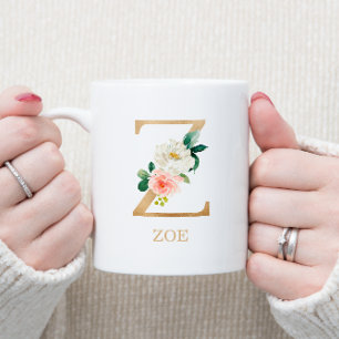 Mug Lettre d'or monogramme Z   Vert rose floral