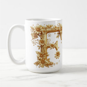 Mug Lettre dorée élégante F avec embellissements flora