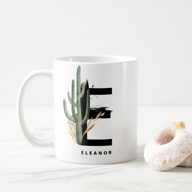 Mug Lettre E Monogramme | Cactus tropicaux Personnalis (Avec donut)