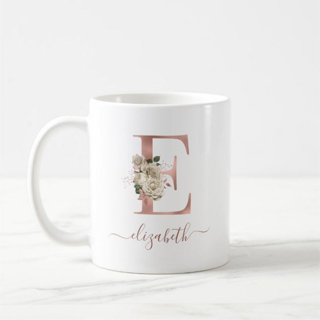 Mug Lettre "E" monogramme doré rose ivoire floral (Gauche)