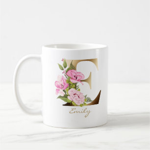 Mug Lettre E   Monogramme or   Arrangement floral rose