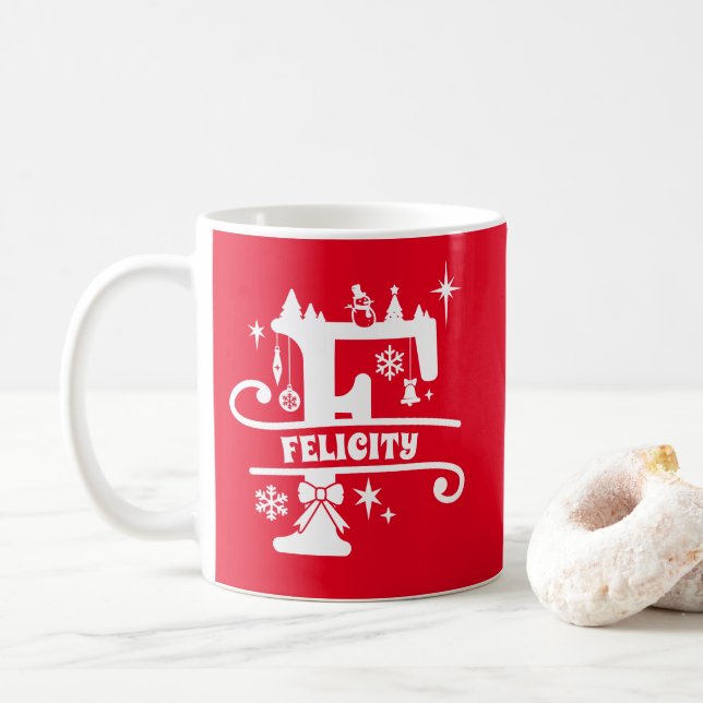 Mug Lettre F Noël Monogramme Nom initial Rouge (Avec donut)