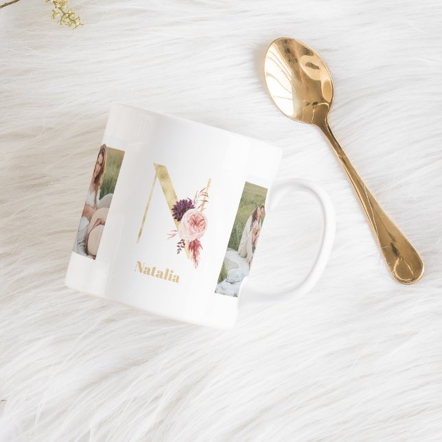 Mug LETTRE FLEUR D'OR ACTUELLE N | Deux monogrammes ph (Créateur téléchargé)