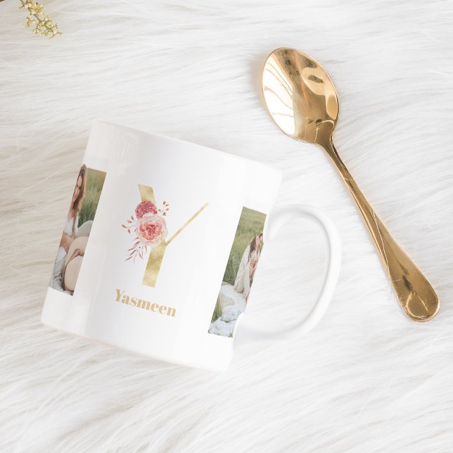 Mug LETTRE FLEUR D'OR ACTUELLE Y | Deux monogrammes ph (Créateur téléchargé)