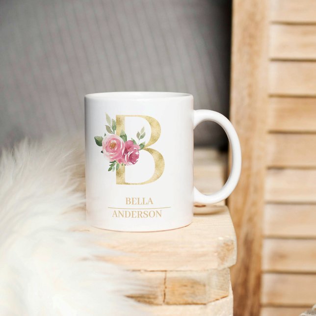 Mug LETTRE FLEURIE D'Aquarelle Or Tendance B | Monogra (Créateur téléchargé)