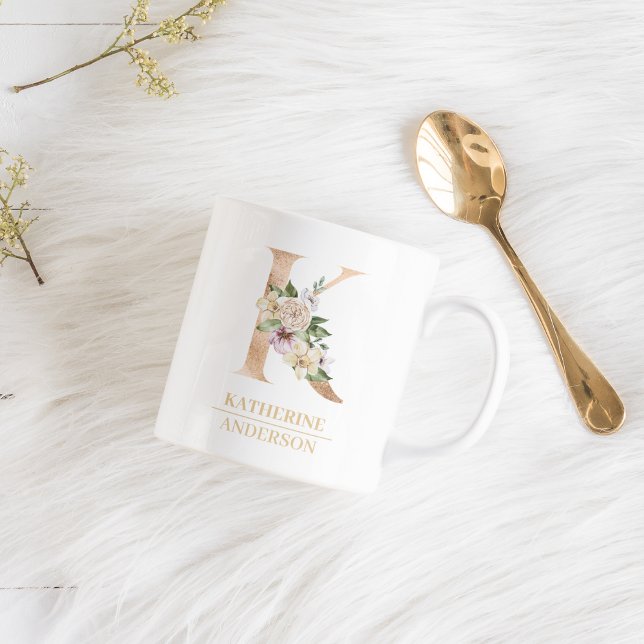 Mug LETTRE FLEURIE OR ACTUELLE K | Monogramme (Créateur téléchargé)