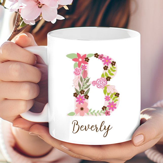 Mug Lettre florale B monogramme personnalisé (Personalized Monogram Floral Letter B Coffee Mug)