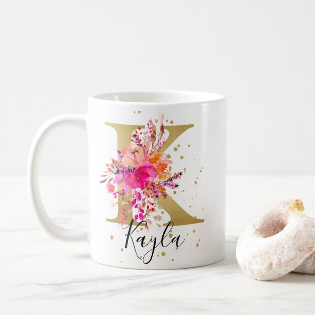 Mug LETTRE Florale CLAIRE ROSE CHAUD K MONogramme (Avec donut)